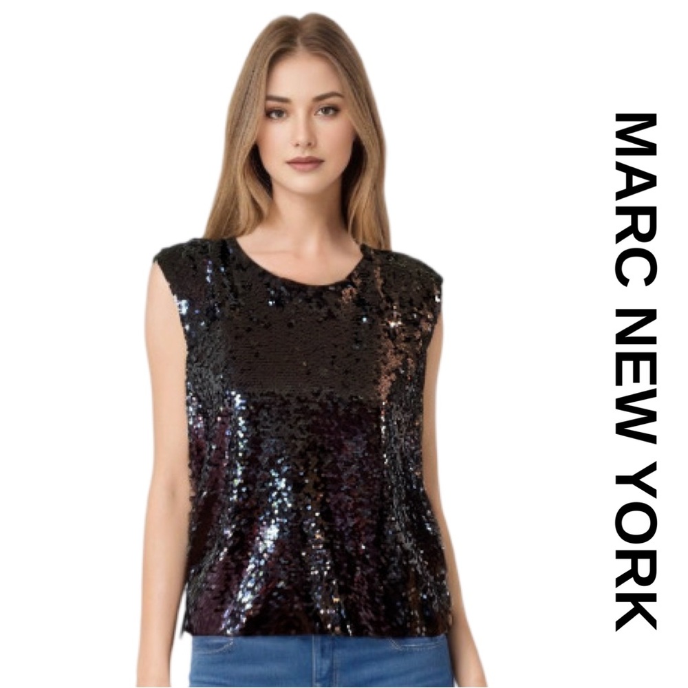 Marc New York Black Sequin Top with Padded Shoulders Size Medium